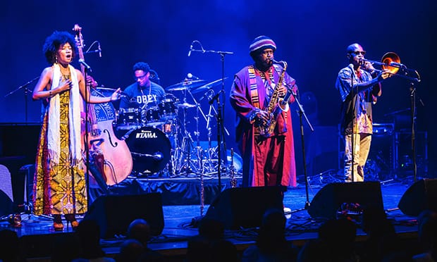 Kamasi Washington (centre) and band. Photograph: Emile Holba 