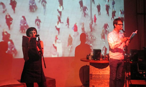 Sarah Lester (left) and Nathan Penlington (right) read at the book launch in Stage 3 café