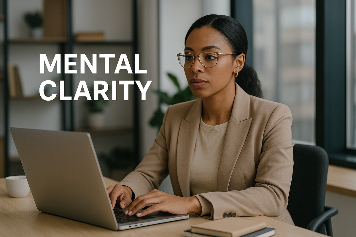 Professional businessman improving concentration and intelligence through mental clarity techniques at modern office desk