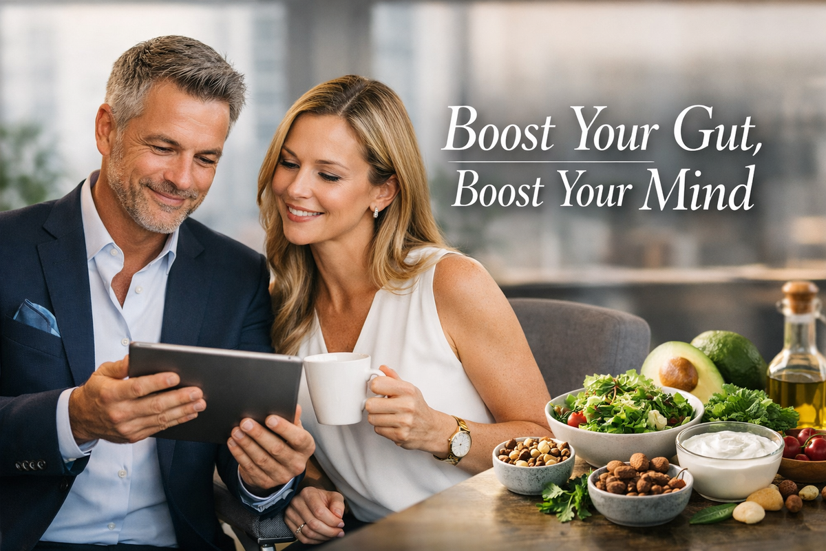 Gut health and mental well-being infographic showing the gut-brain connection, probiotic benefits, and nutrition tips for anxiety and depression