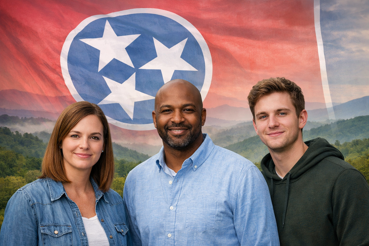 Adults standing before the Tennessee state flag and rolling hills, representing a psychiatrist for adult ADHD evaluation and mental health support in Tennessee.