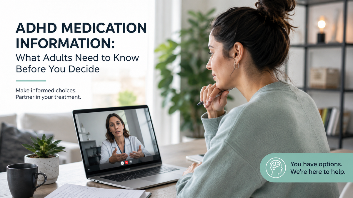 Adult reviewing ADHD medication information on a laptop during a virtual telehealth visit.