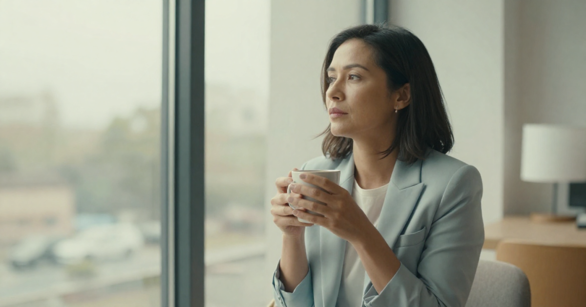 A woman in her 40s sits calmly by a bright window holding a coffee mug, looking thoughtful — reflecting the quiet inner tension of high-functioning anxiety.