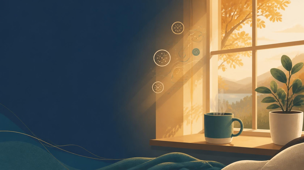 Person holding a warm mug by a window on an autumn morning, representing seasonal mood and immune health