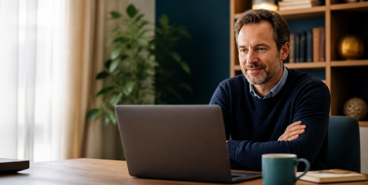 Adult attending a virtual psychiatric appointment from a home office