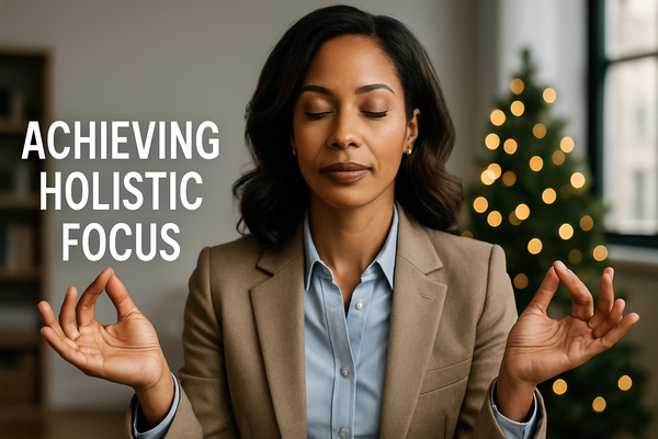 Professional achieving holistic focus and mental clarity while working at organized desk with natural lighting and wellness elements