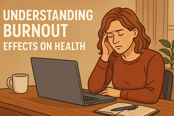 Stressed professional experiencing burnout effects on health while working late at desk with scattered papers and coffee, illustrating chronic workplace stress symptoms