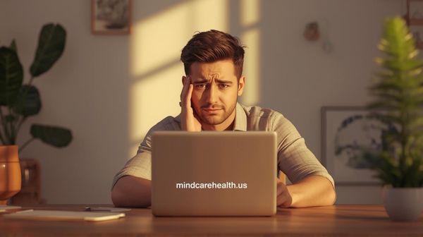 Adult professional sitting at a desk with an open laptop, expression thoughtful and still, warm natural light — illustrating the experience of ADHD paralysis and task initiation difficulty.