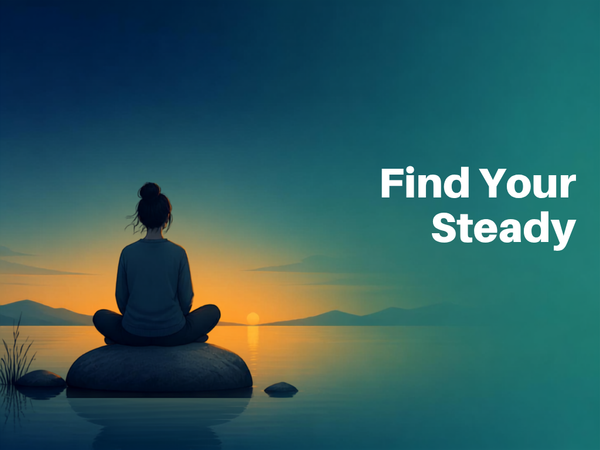 Illustration of a calm figure sitting by still water at dusk with a navy-to-amber sky, representing emotional steadiness and mental well-being.