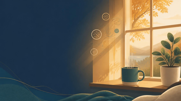 Person holding a warm mug by a window on an autumn morning, representing seasonal mood and immune health