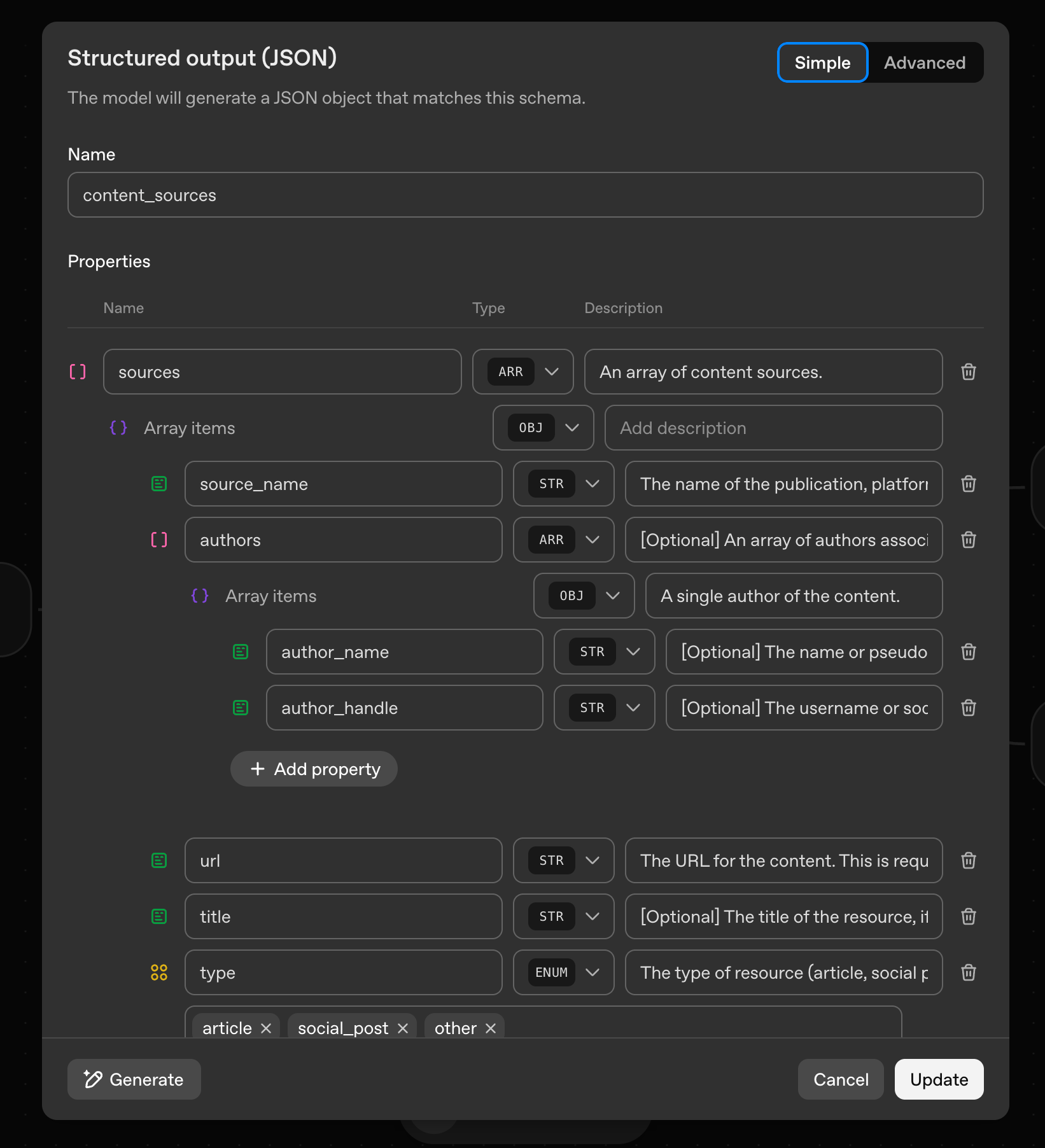 Configuring structured output (JSON) in Agent Builder