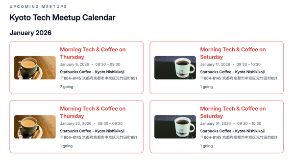 The self-updating calendar component on the Kyoto Tech Meetup website