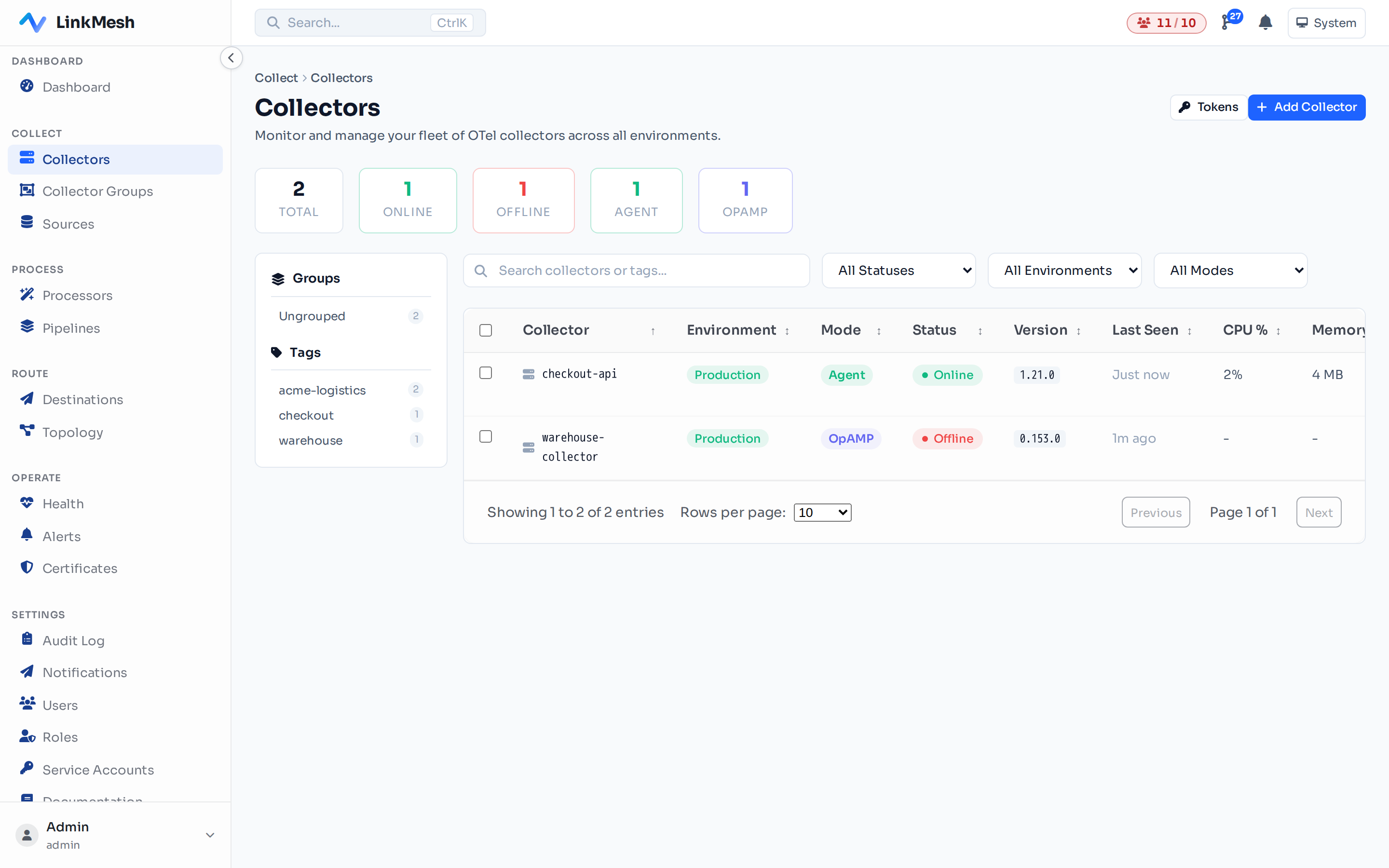 The fleet you control: every collector with its status, runtime, throughput, and last-seen time in one place.