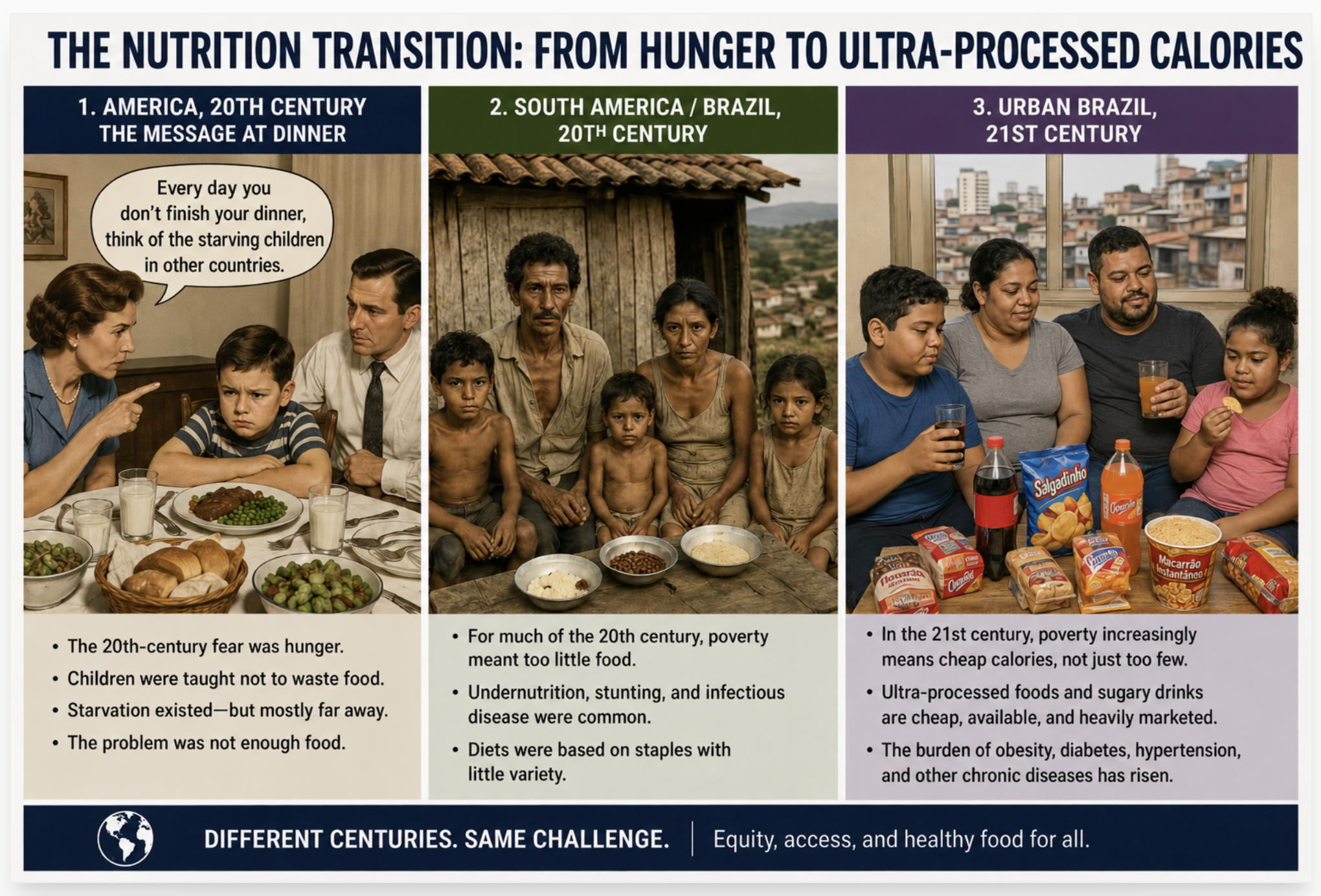Three panels show a nutrition transition from hunger and undernutrition to cheap ultra-processed foods and sugary drinks in urban Brazil.