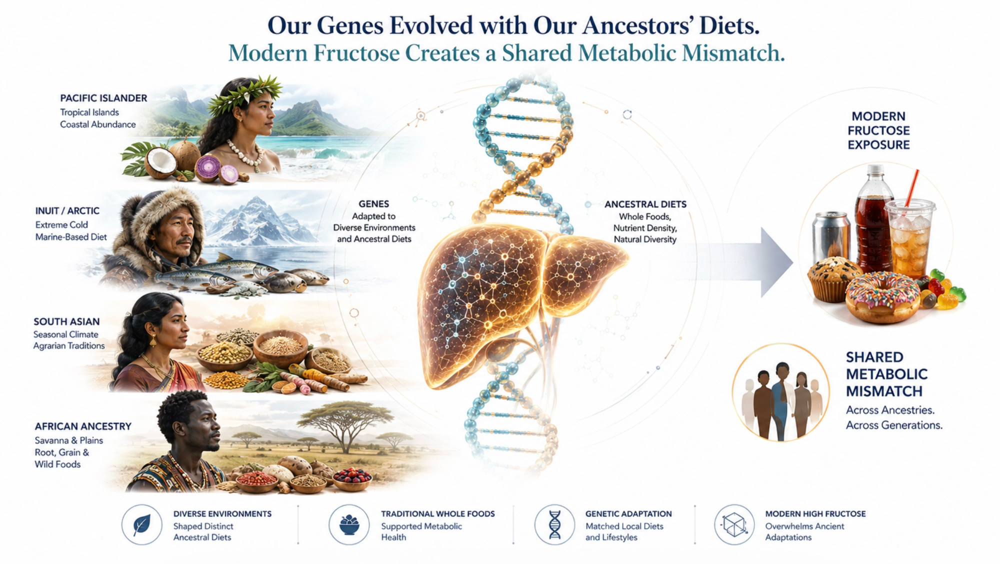 Our genes evolved with our ancestors' diets. Modern fructose creates a shared metabolic mismatch.