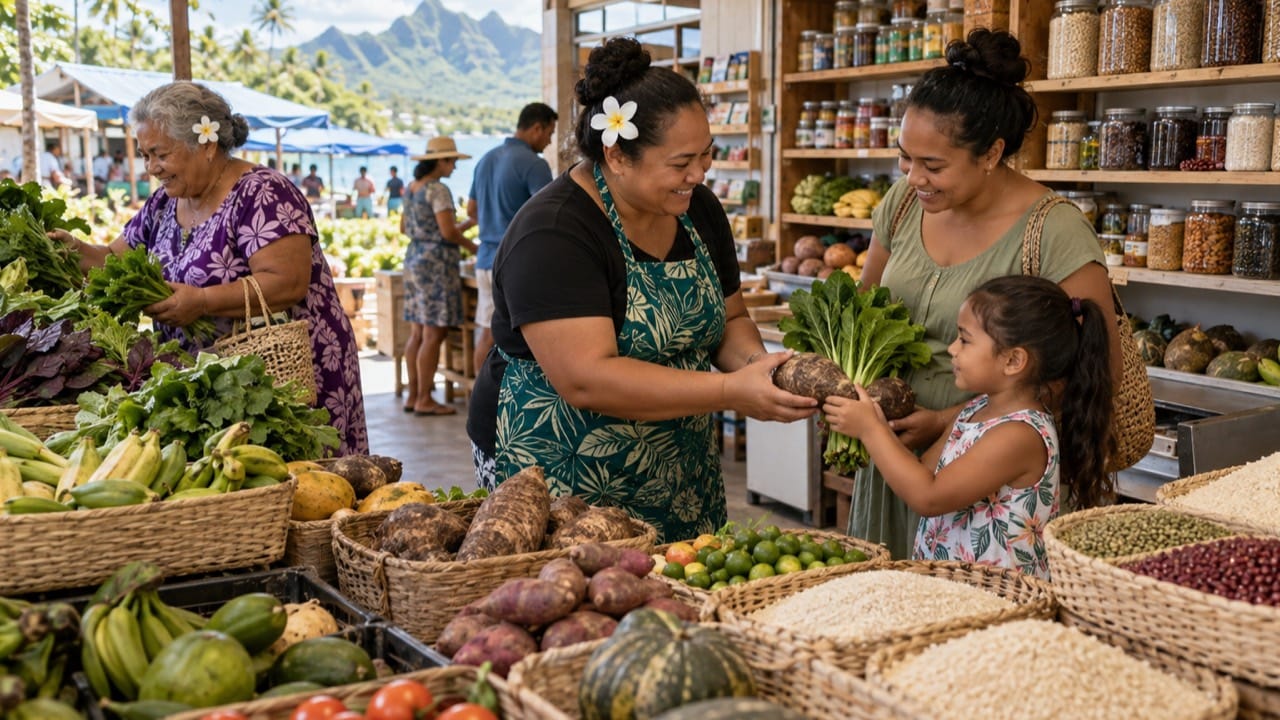 Illustration of a shopkeeper helping a parent and child choose root crops and fresh produce at a local market.