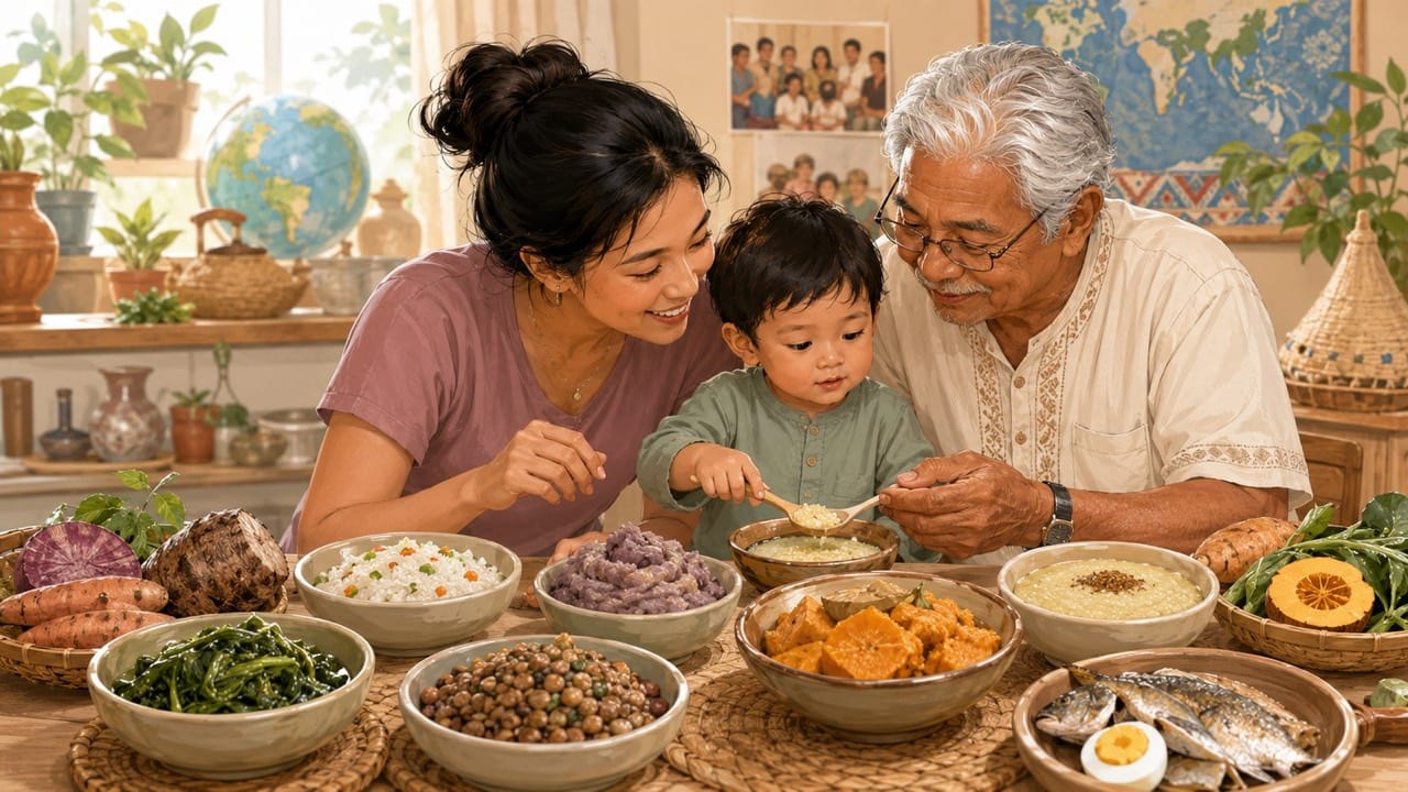 Illustration of a grandparent, parent and young child sharing a meal with vegetables and traditional staples.