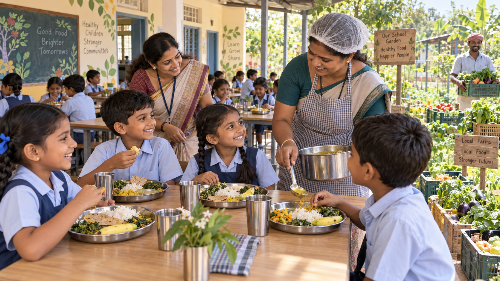 Illustration of children in an Indian school sharing rice, dal, vegetables, roti and fruit as a cook serves their meal, with a learning garden and local produce nearby.