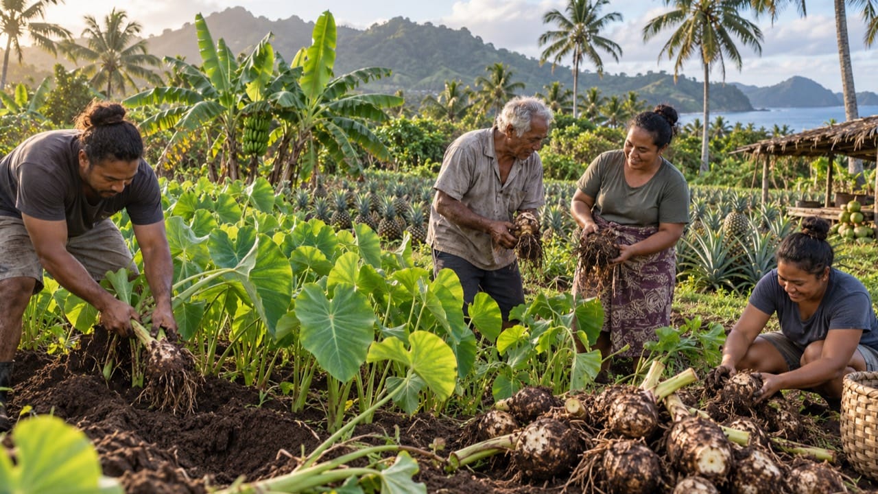 Illustration of island growers harvesting root crops on a diversified farm with banana plants, pineapples and coconut palms.