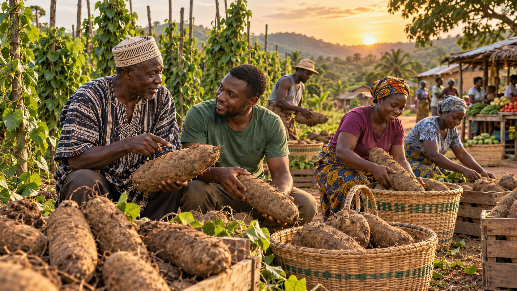 Illustration of adult yam growers in a Ghana-inspired West African community sorting large brown yams beside staked vines, with an older and younger grower sharing knowledge.