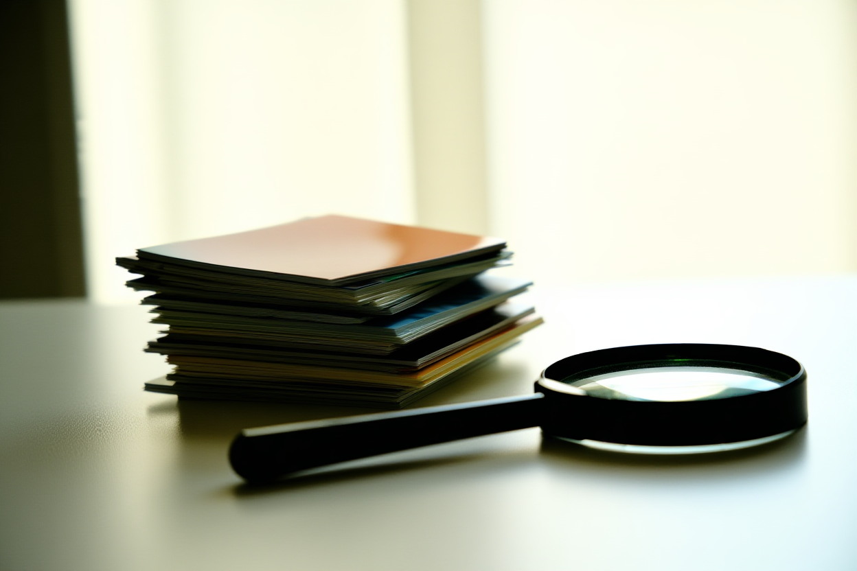 a stack of colorful stock photos on a clean desk with a magnifying glass, soft daylight, wide landscape shot