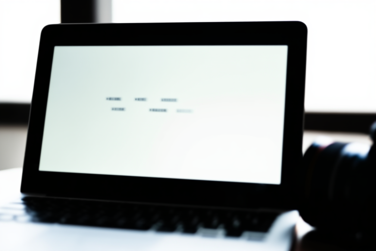 a laptop screen displaying a data dashboard with keyword tags next to a digital camera lens, soft natural light, wide la