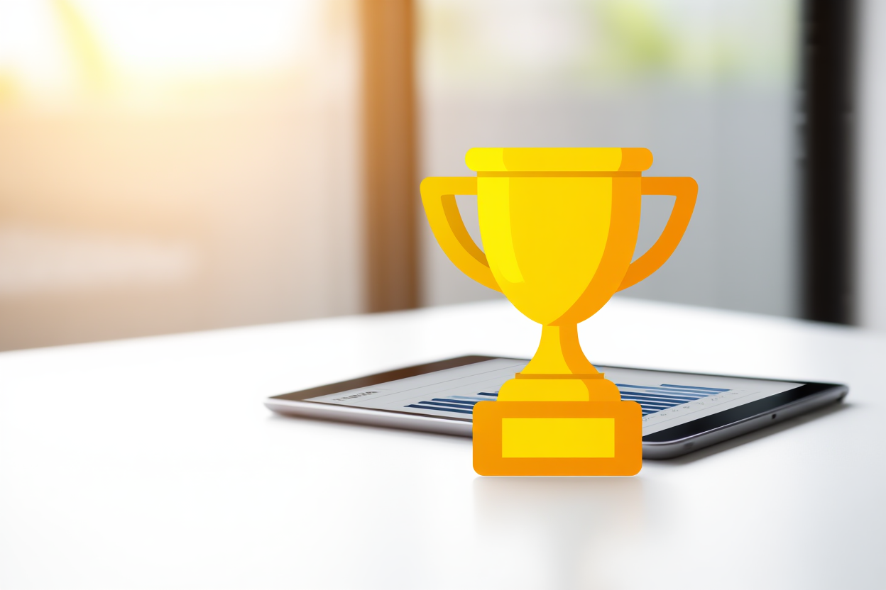a golden trophy icon resting on a white surface beside a tablet showing sales charts, soft daylight, wide landscape shot