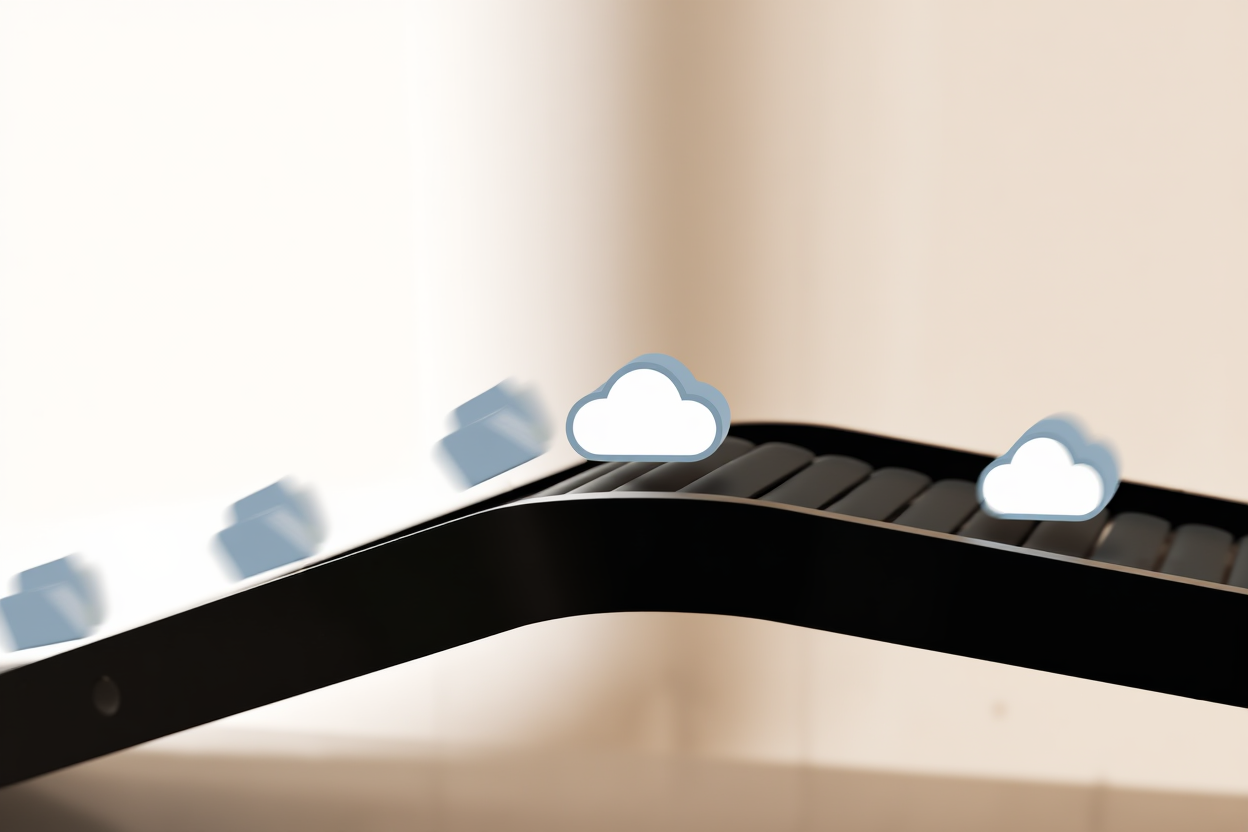 an automated conveyor belt moving digital files into cloud storage icons, clean composition, soft natural light, wide la