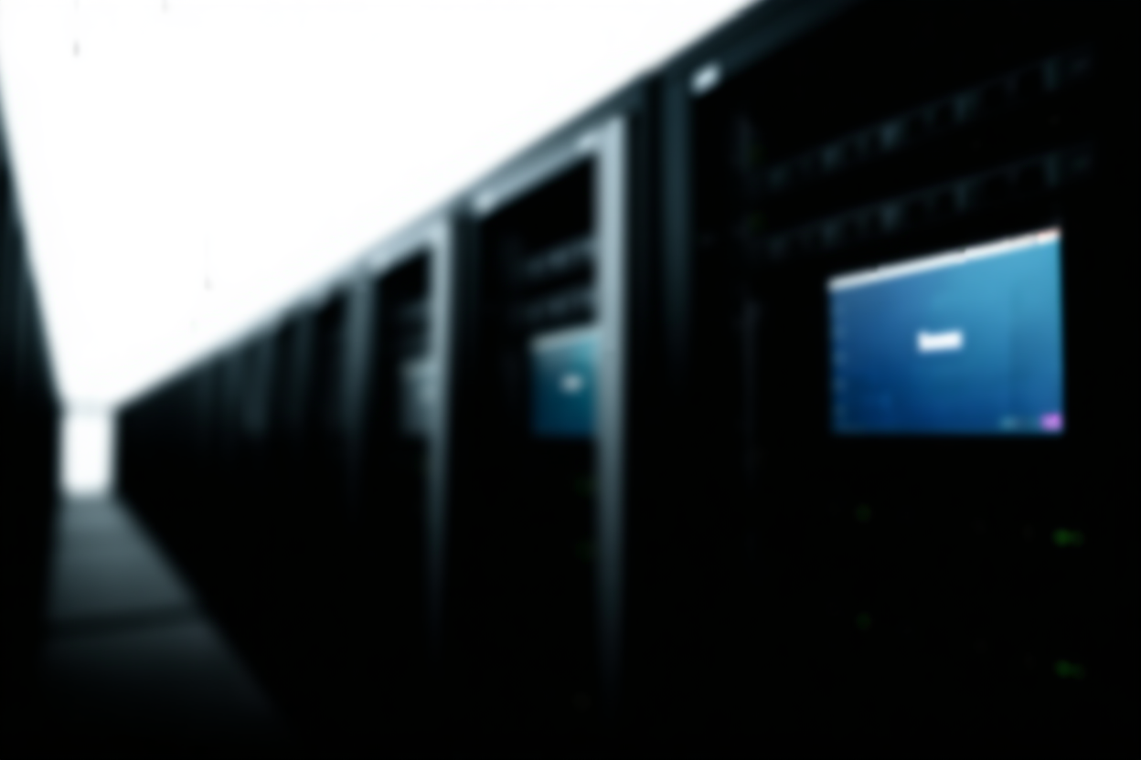 a large server rack with blinking lights next to a tablet displaying file counts, soft daylight, wide landscape shot