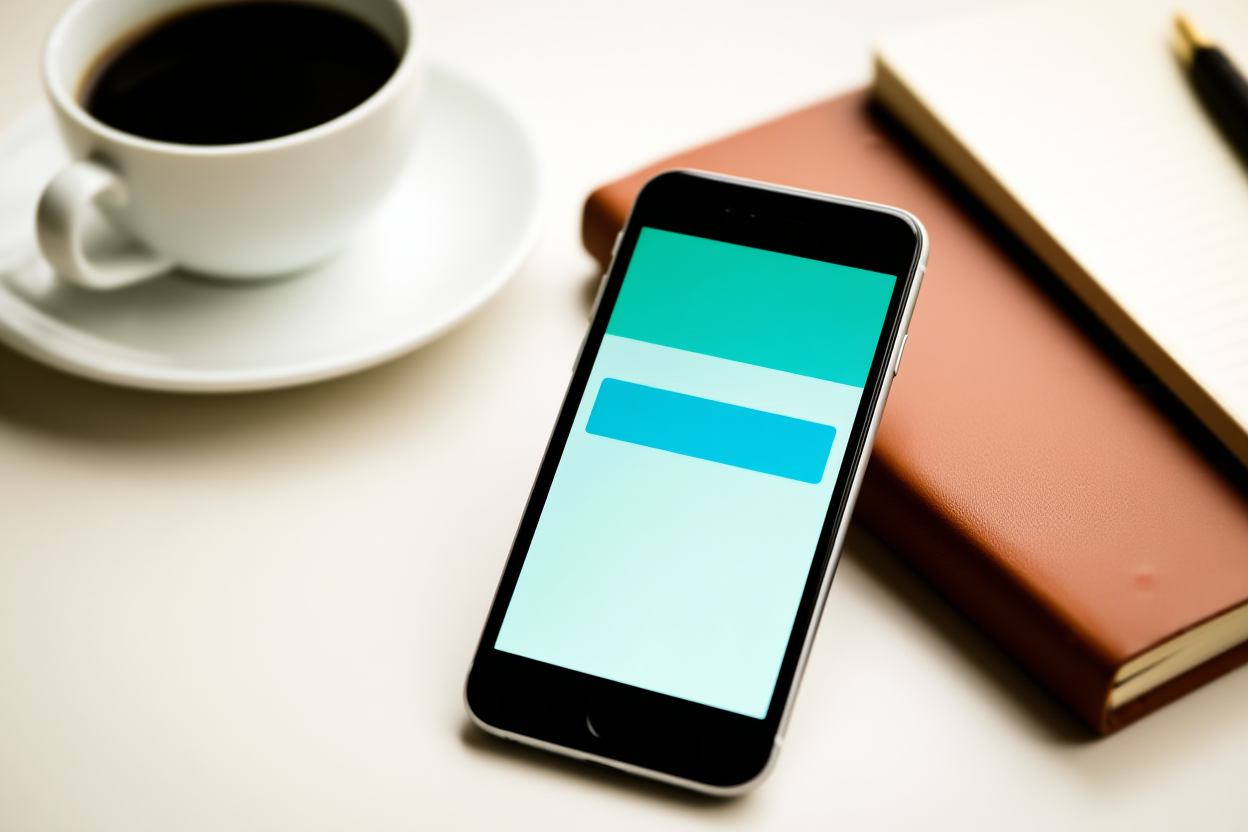a smartphone showing subscription plans on the screen next to a coffee cup and notebook, clean desk setting, wide landsc