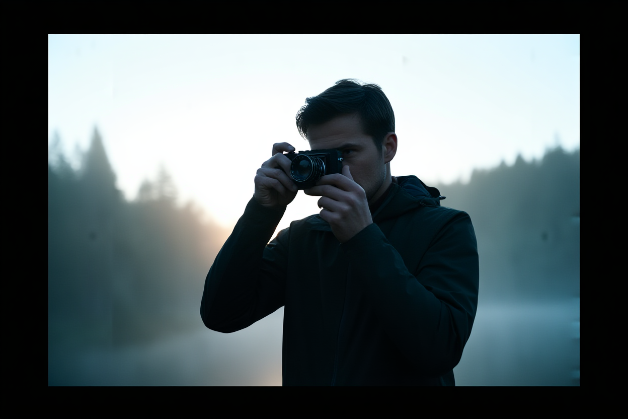a photographer carefully adjusting the focus ring on a large format film camera while standing in a misty forest at dawn