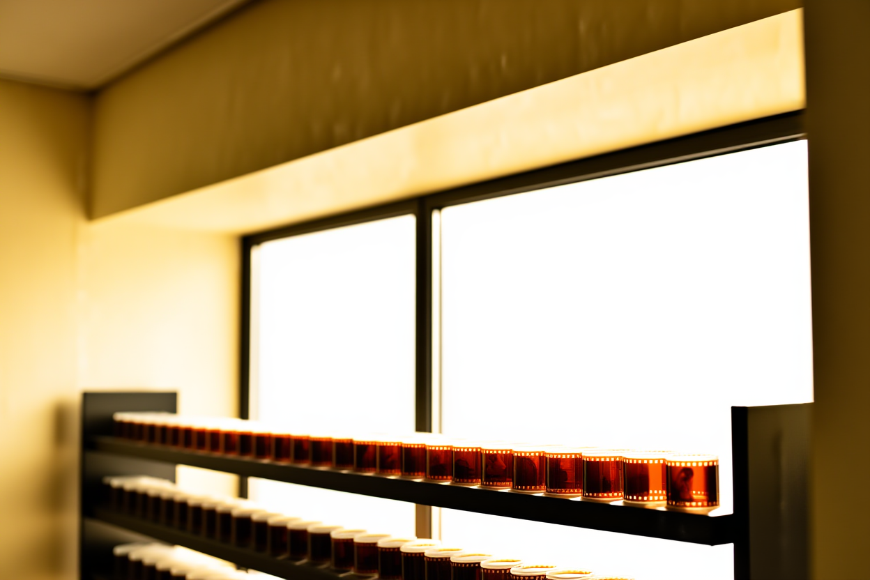a wide shot of a modern photography studio with large windows letting in bright daylight and rows of neatly organized fi