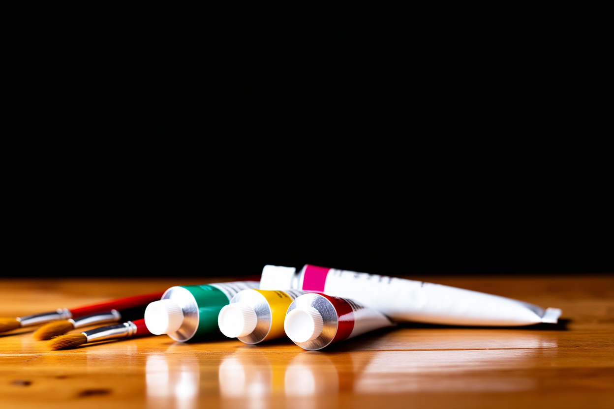 a close-up of colorful paint tubes squeezed onto a palette with brushes resting nearby on a rustic wooden table