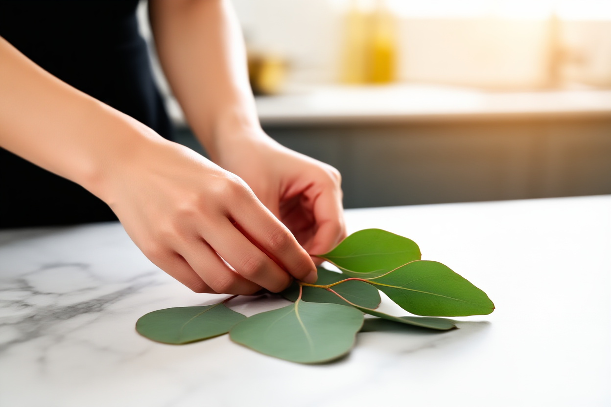 a pair of hands carefully arranging fresh eucalyptus leaves on a marble countertop in a bright kitchen