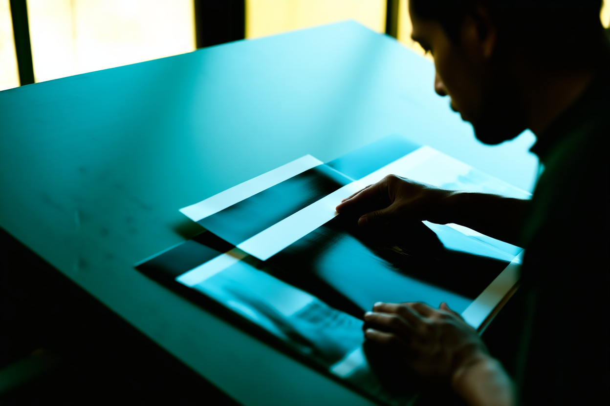 a photographer reviewing printed contact sheets spread out on a large drafting table in a sunlit room
