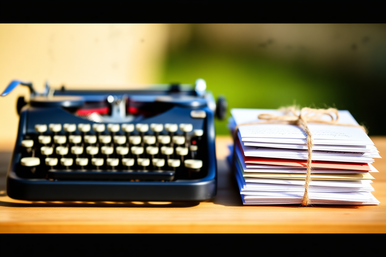 a close-up of a vintage typewriter next to a stack of handwritten letters tied with twine on a wooden desk