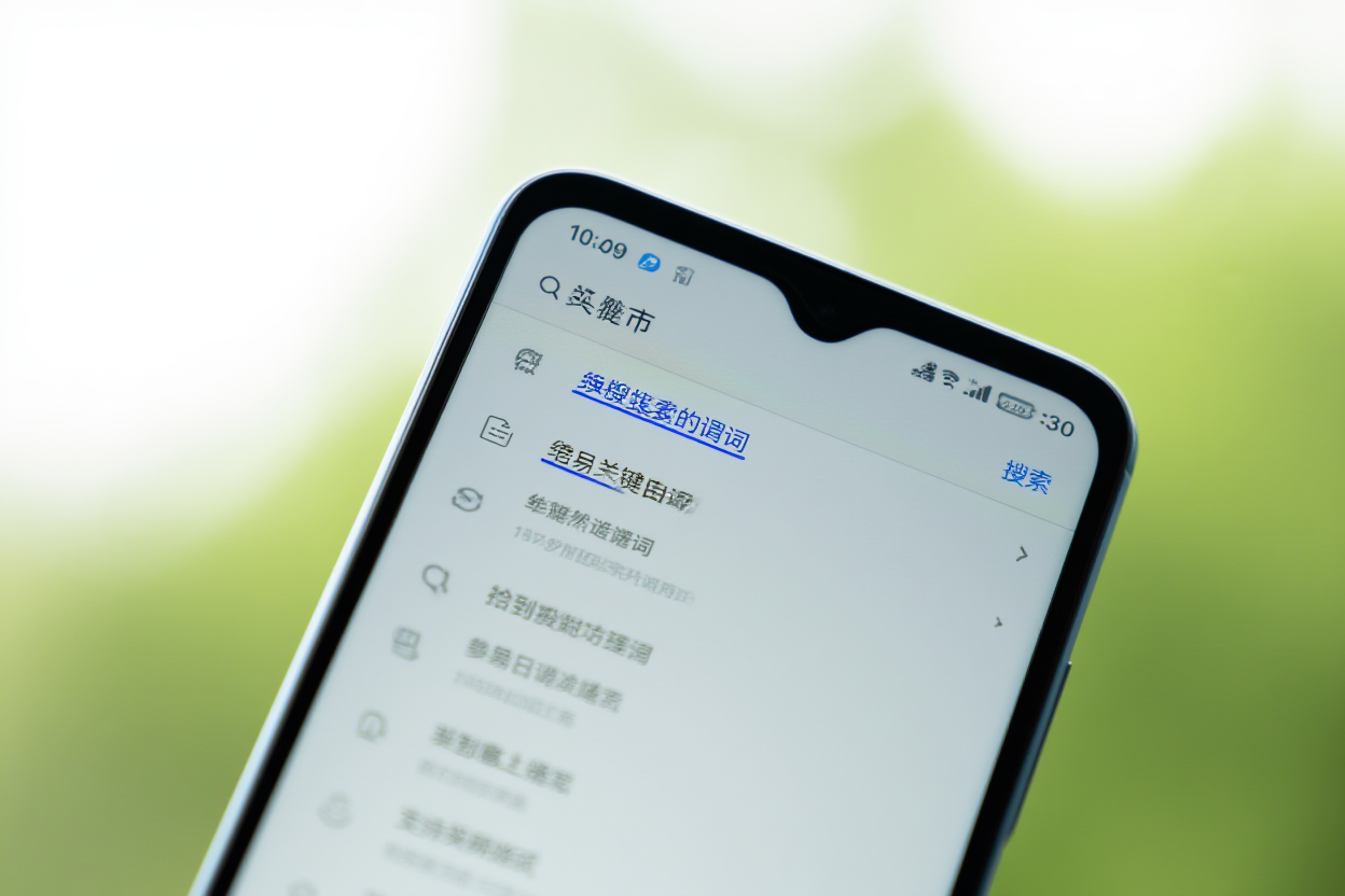 un smartphone affichant une page de résultats de recherche avec des mots-clés surlignés en haut de chaque listing, lumière naturelle douce,