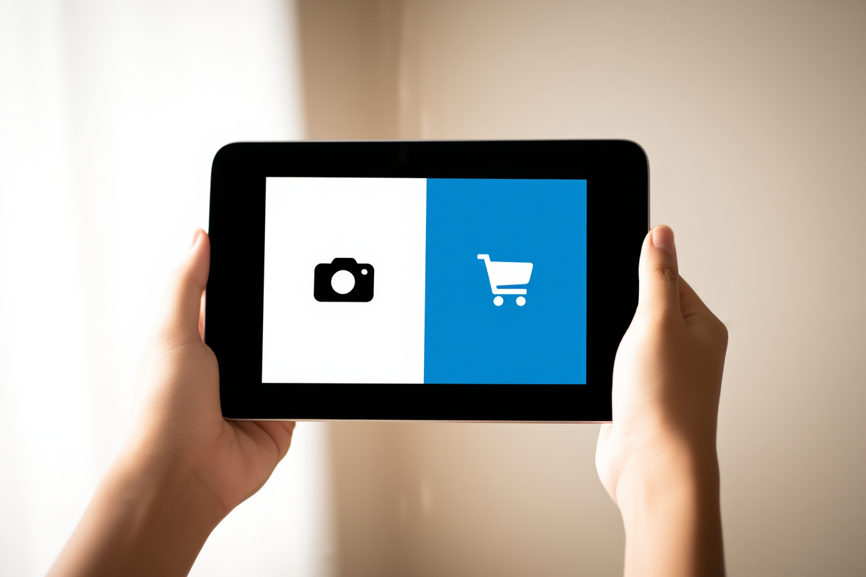 une main tenant une tablette affichant un écran scindé avec des icônes d'appareil photo d'un côté et des icônes de panier d'achat de l'autre, doux