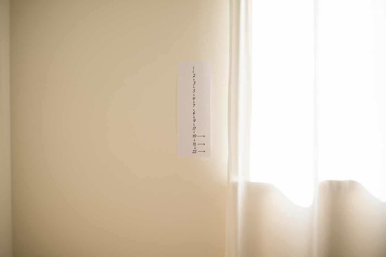 une liste numérotée imprimée sur du papier avec des flèches pointant vers des mots-clés spécifiques, lumière naturelle douce, large plan paysage