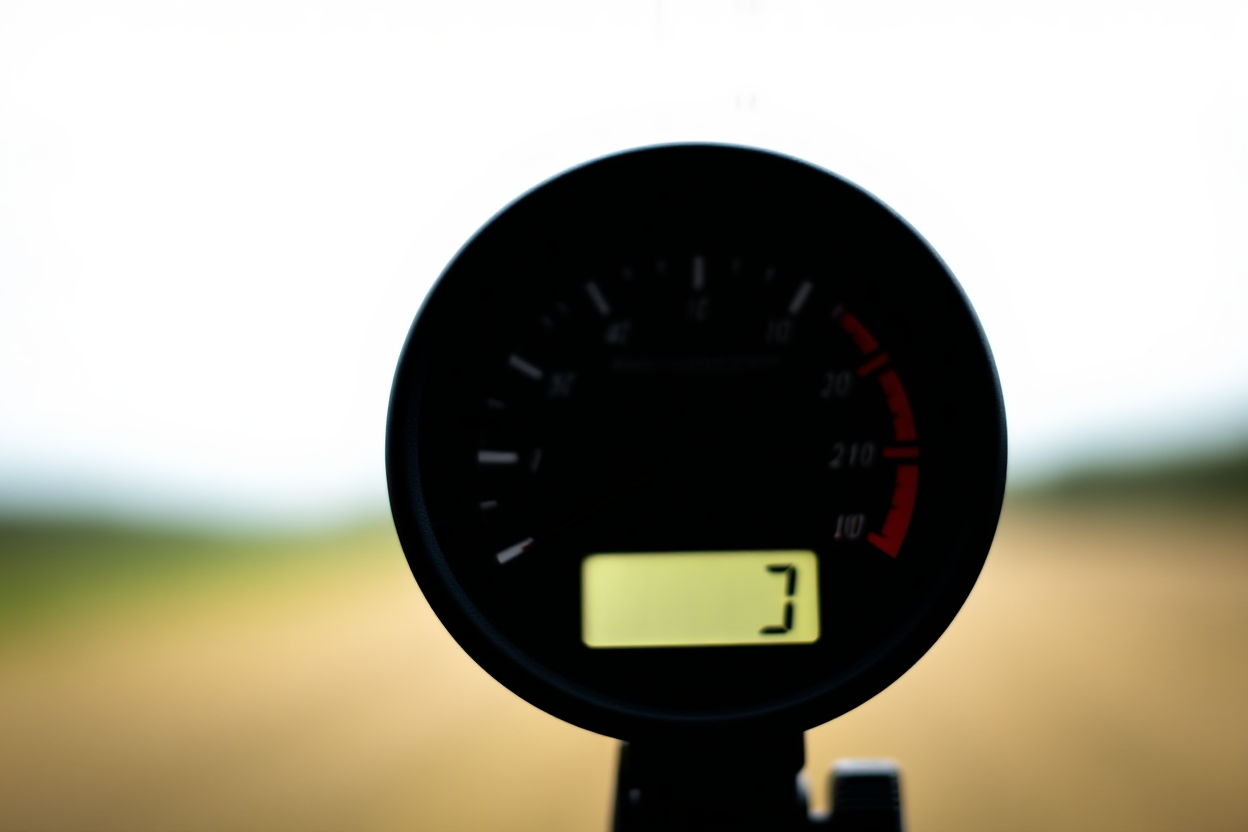 un cadran de compteur de vitesse pointant vers la plage maximale avec une horloge numérique affichant 1,3 seconde à proximité, lumière naturelle douce, large