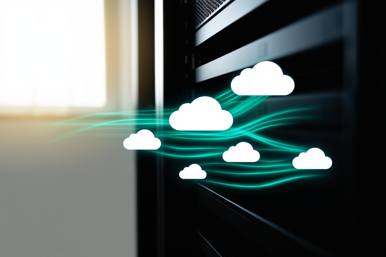 un rack de serveur avec des flux de données lumineux s'écoulant dans plusieurs icônes de nuage représentant différentes agences de stock, doux na