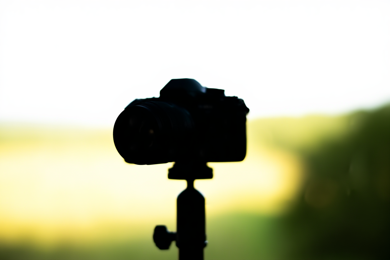 a professional camera on a tripod capturing a subject in bright natural light