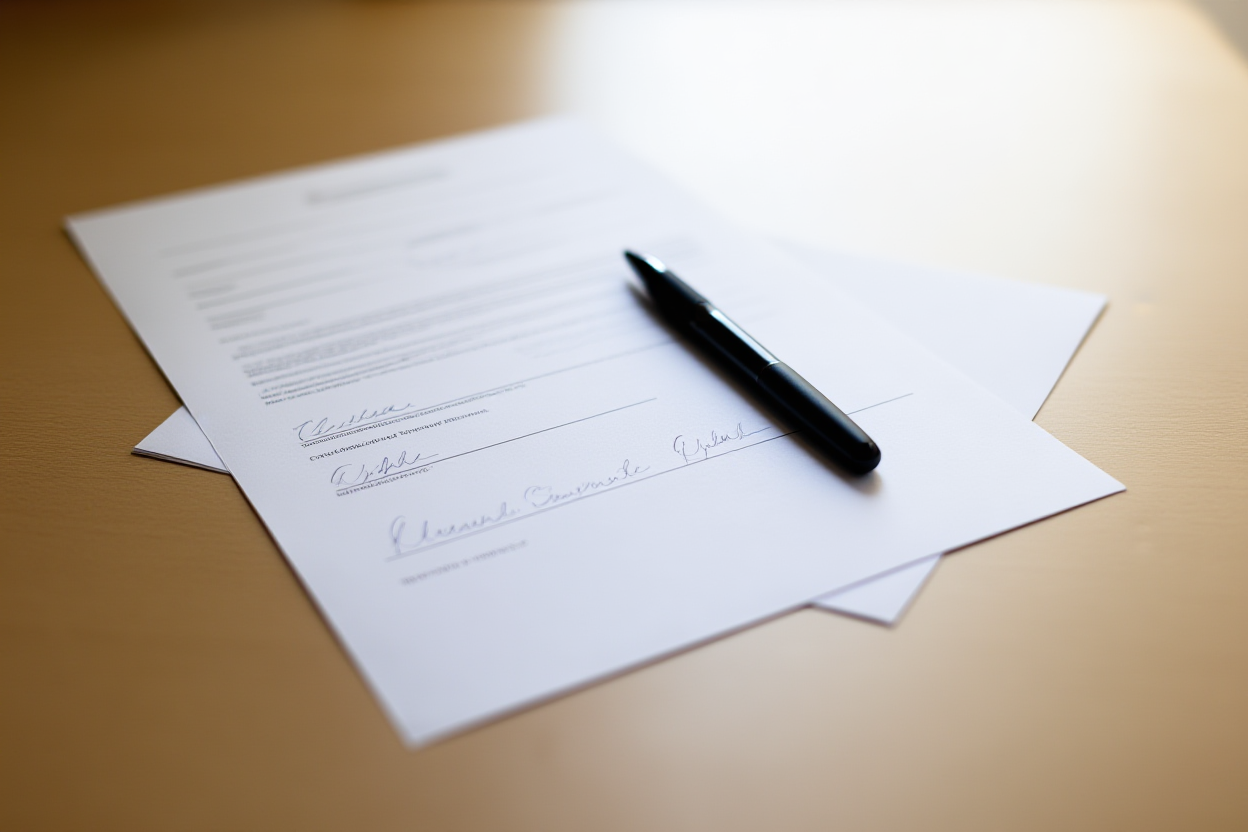 a paper model release document with a pen resting on top showing signatures