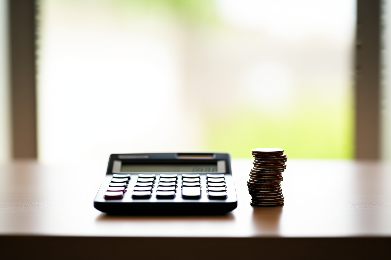 a calculator displaying numbers next to a stack of coins
