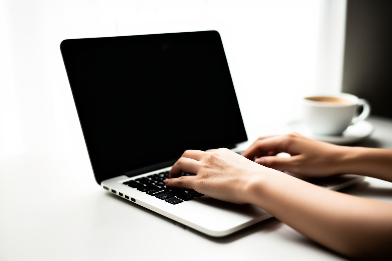 una persona escribiendo en un teclado de portátil con una taza de café