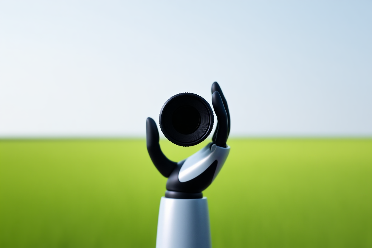 una mano robótica futurista sosteniendo un lente de cámara