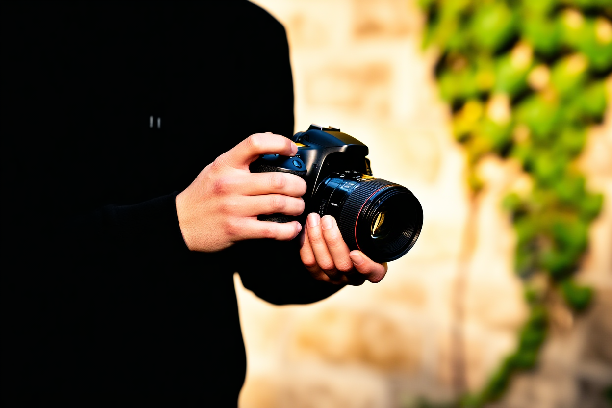 Ein Fotograf hält eine DSLR-Kamera in einer Hand, während er die Einstellungen am Objektivring anpasst und im Freien steht.