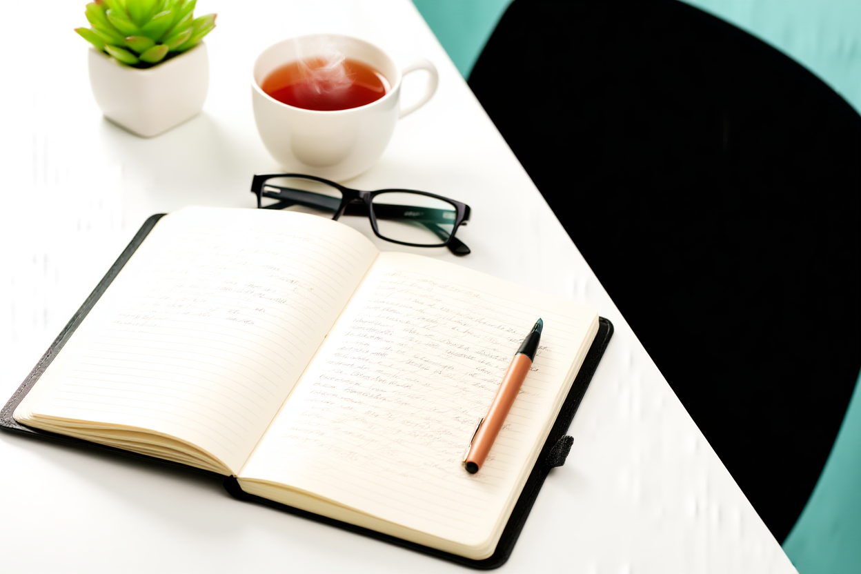 Ein aufgeräumter Arbeitsplatz mit einem offenen Notizbuch mit handschriftlichen Notizen, einer Les Brille in der Nähe und dampfendem Kaffee.