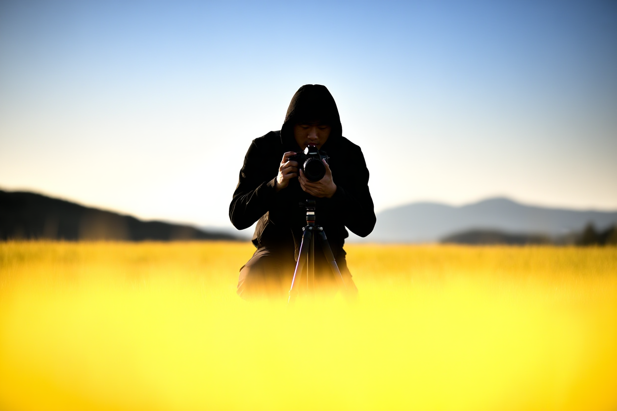 Ein Fotograf kniet in hohem goldenen Gras bei Sonnenaufgang und passt eine DSLR auf einem Stativ an, mit entfernten Bergen im Hintergrund.