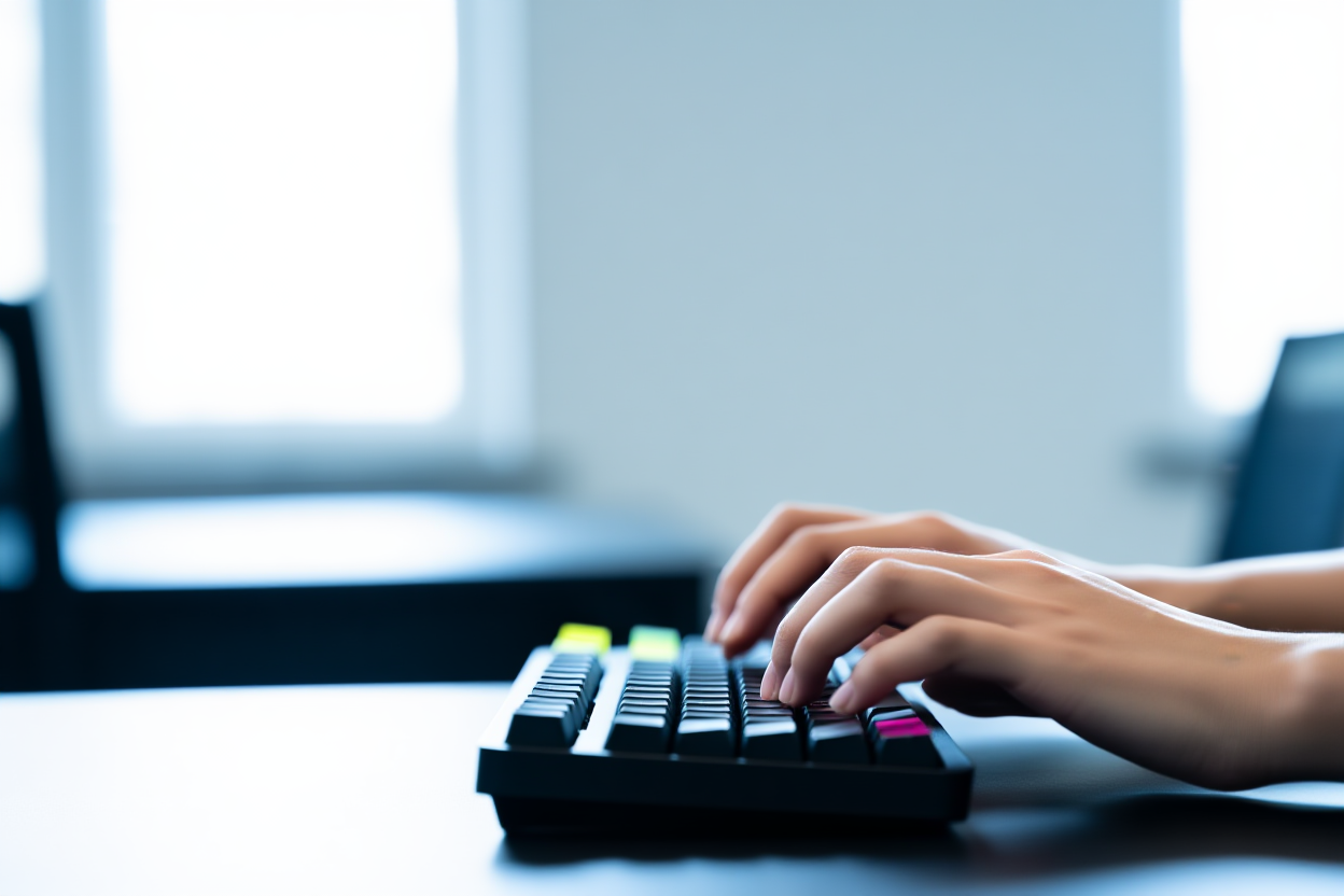 Eine Nahaufnahme von Händen, die auf einer schlanken mechanischen Tastatur tippen, mit bunten Haftnotizen am Monitorrahmen.